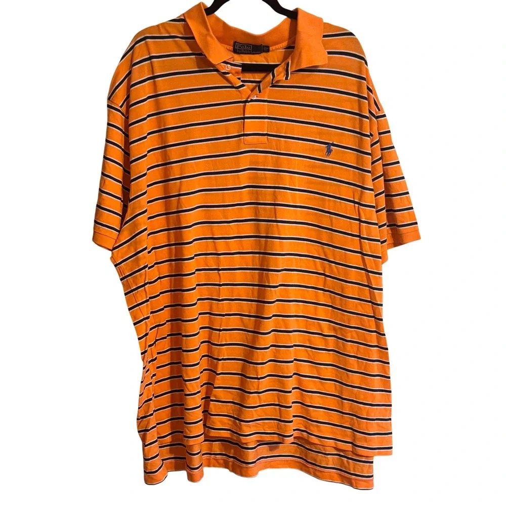 Polo Ralph Lauren Men's Big Tall 4XB Orange Navy‎ Stripe Short Sleeve Polo Shirt
